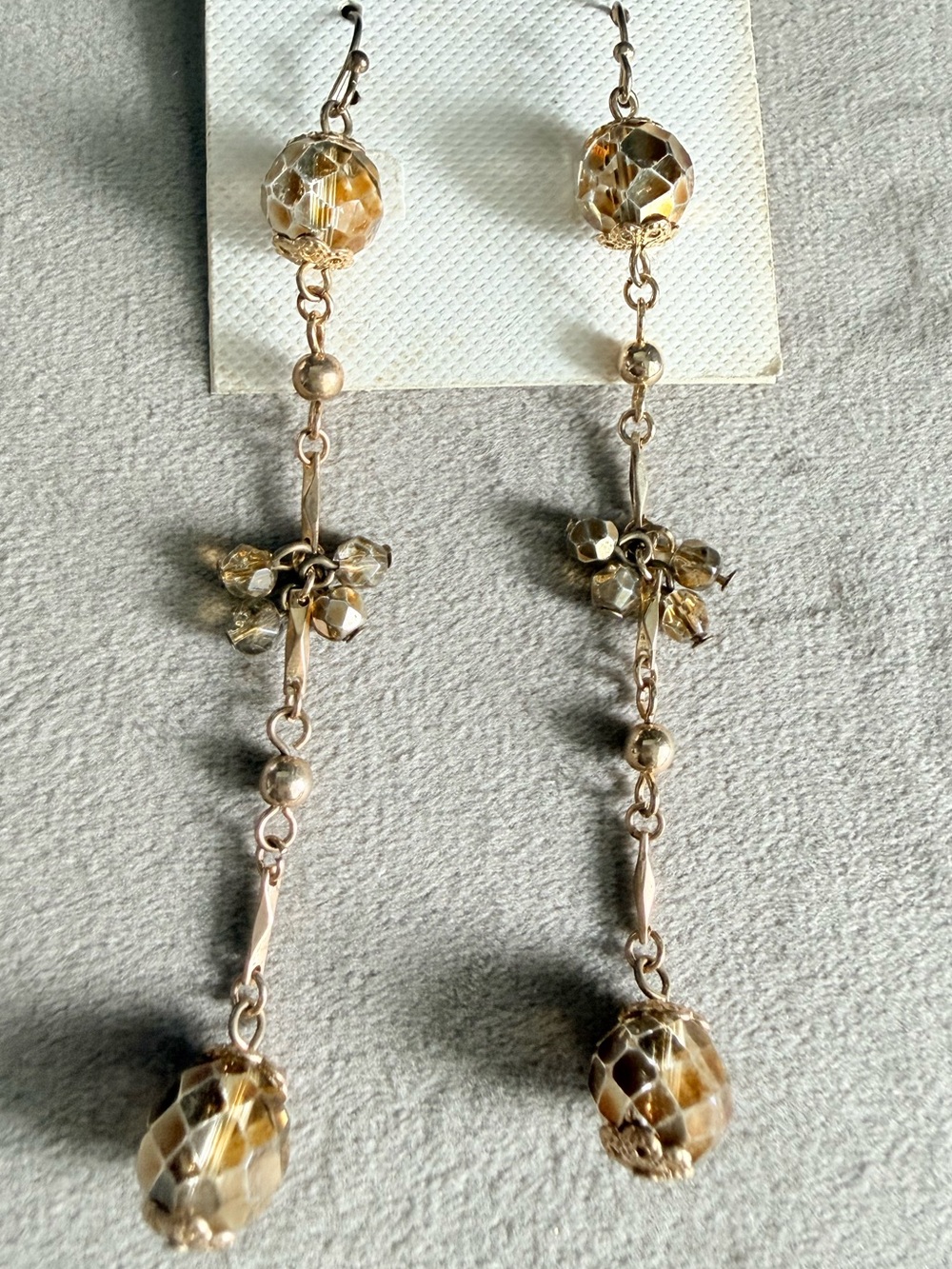 Long Gold-Tone Dangle Earrings with Amber Beads